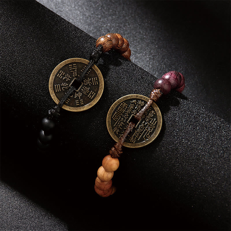 Buddha Stones Legno di ebano Legno di wenge Fantasmi di montagna Spendi soldi Bagua Moneta di rame Bracciale della pace - Image 2