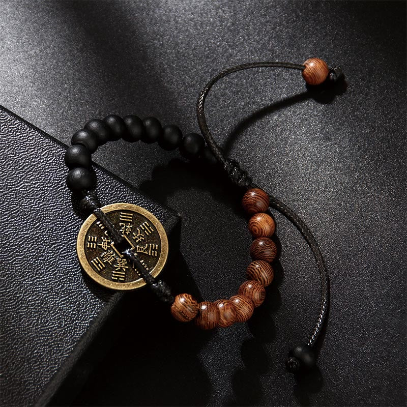 Buddha Stones Legno di ebano Legno di wenge Fantasmi di montagna Spendi soldi Bagua Moneta di rame Bracciale della pace - Image 3
