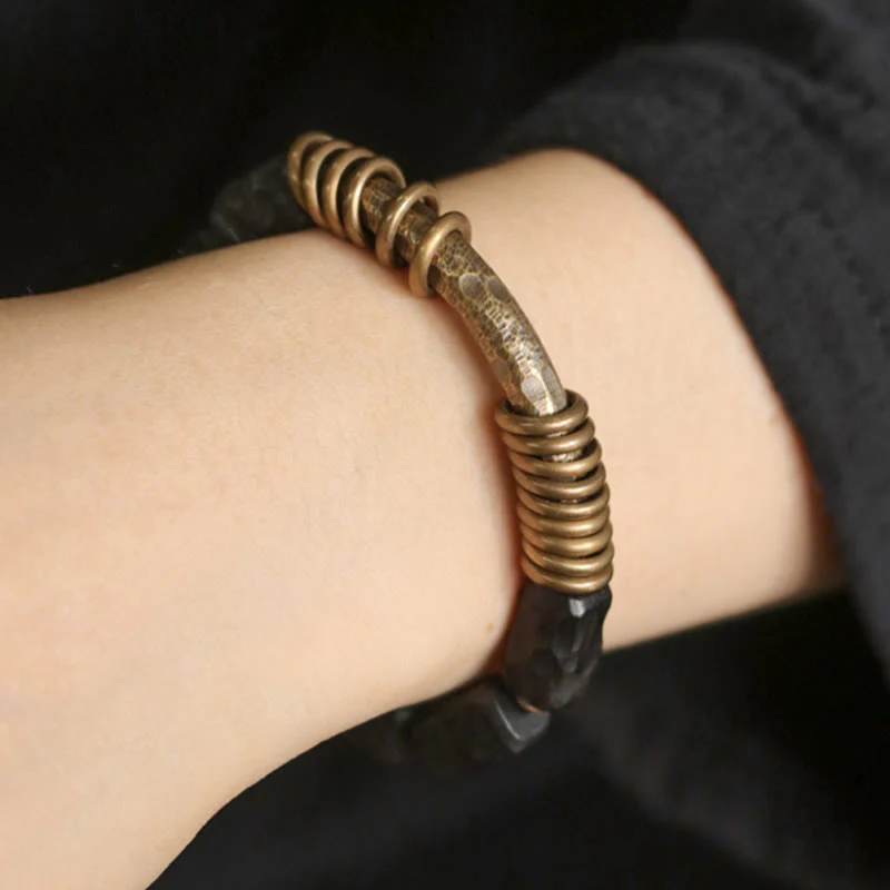 Buddha Stones Legno di ebano Rame Ottone Anello circolare Bracciale della pace - Image 5