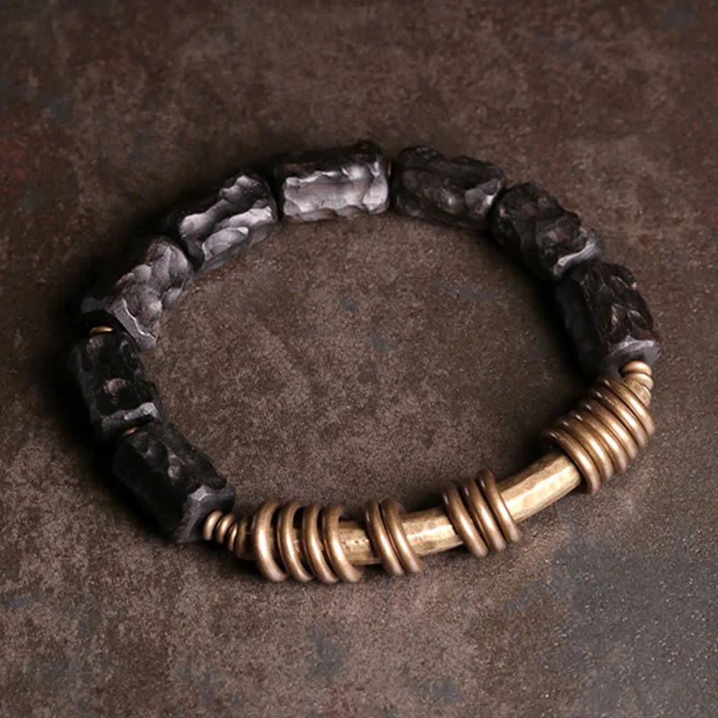 Buddha Stones Legno di ebano Rame Ottone Anello circolare Bracciale della pace - Image 8