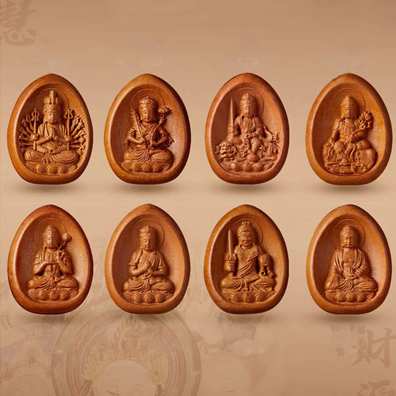 Buddha Stones Legno di pesca Cinabro Om Mani Padme Hum Zodiaco cinese Collana con corda nera Pendenti - Image 2