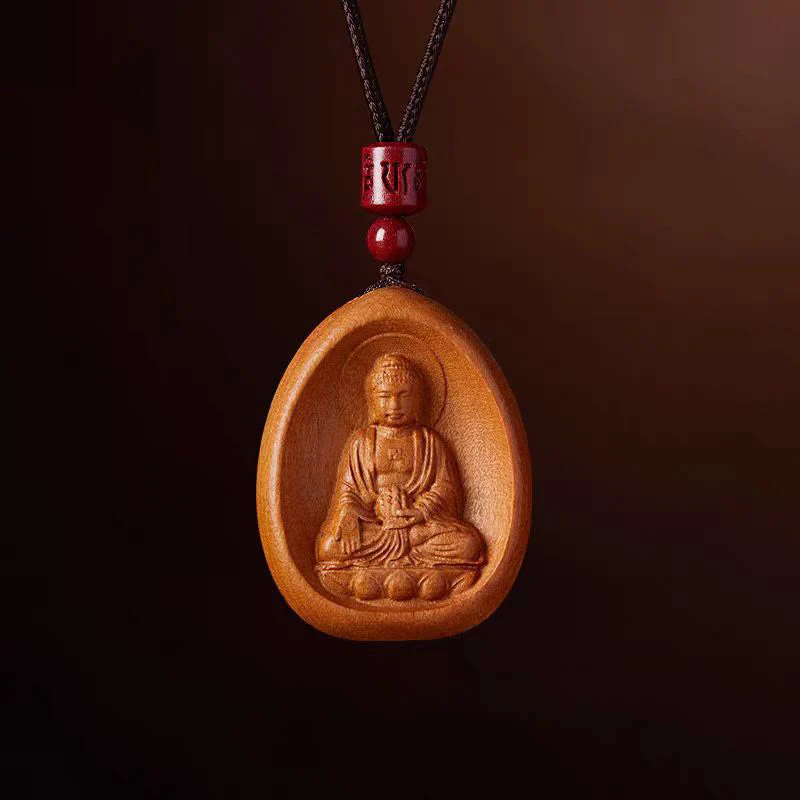 Buddha Stones Legno di pesca Cinabro Om Mani Padme Hum Zodiaco cinese Collana con corda nera Pendenti - Image 20