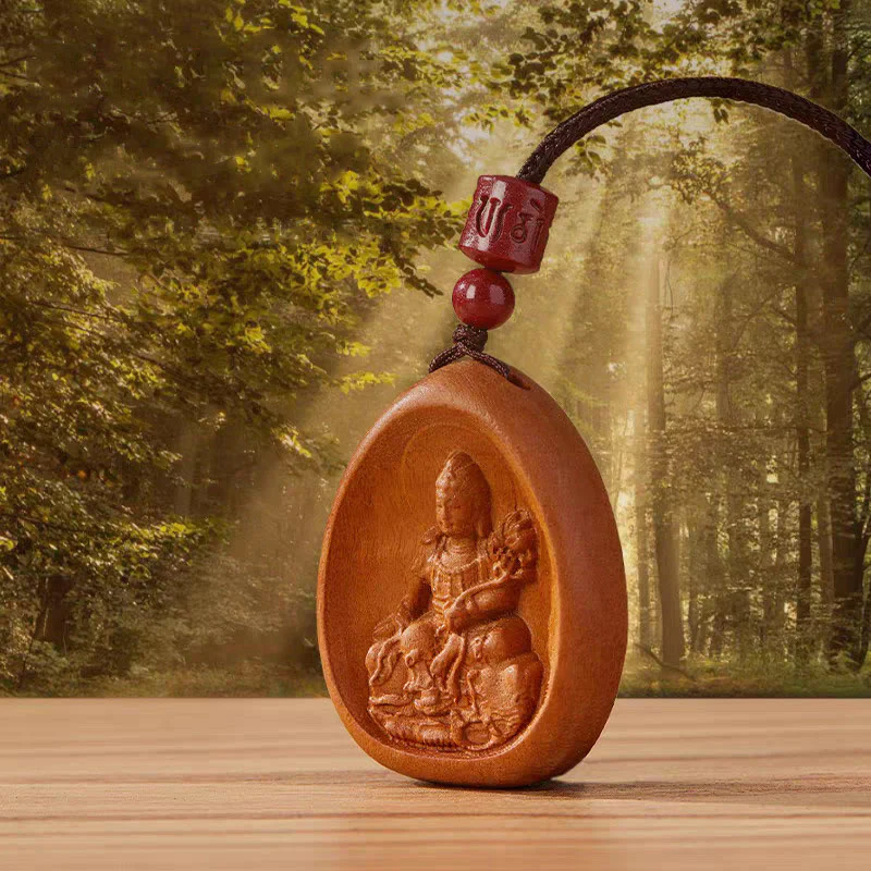 Buddha Stones Legno di pesca Cinabro Om Mani Padme Hum Zodiaco cinese Collana con corda nera Pendenti - Image 5