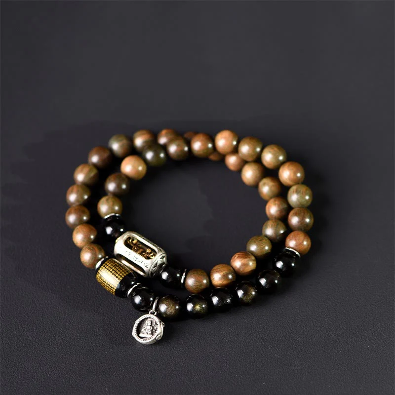 Bracciale a doppio giro in ossidiana, sandalo verde tibetano, lucentezza dorata e equilibrio della pace, Buddha Stones - Image 15