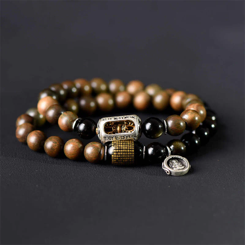 Bracciale a doppio giro in ossidiana, sandalo verde tibetano, lucentezza dorata e equilibrio della pace, Buddha Stones - Image 3