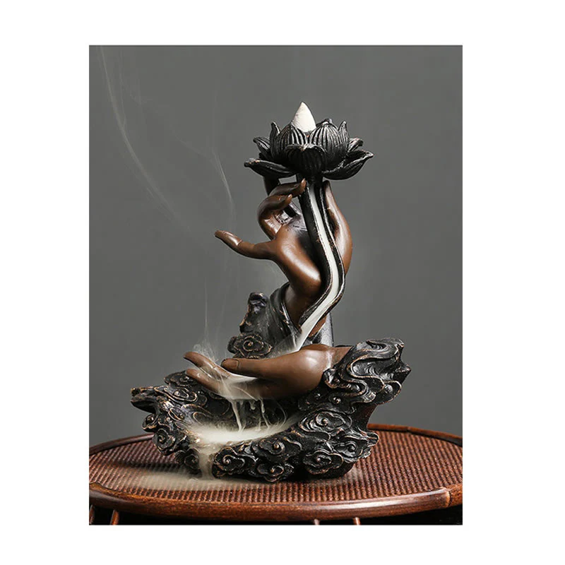 Buddha Stones Loto Mano di Buddha Nuvole di Buon Auspicio Modello Meditazione Resina Bruciatore di Incenso a Riflusso - Image 9