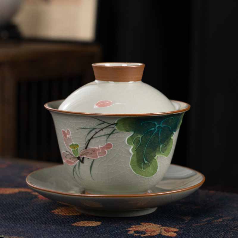 Buddha Stones Lotus Koi Fish Pod Leaf Ceramic Gaiwan Sancai Tazza da tè Kung Fu Tazza da tè e piattino con coperchio 140ml - Image 11