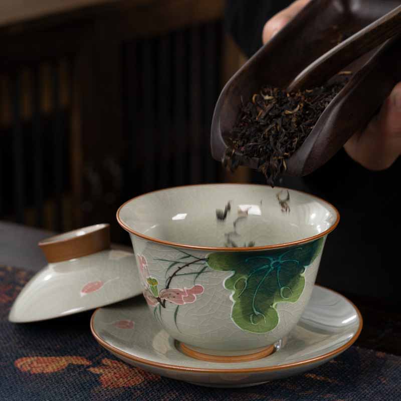 Buddha Stones Lotus Koi Fish Pod Leaf Ceramic Gaiwan Sancai Tazza da tè Kung Fu Tazza da tè e piattino con coperchio 140ml - Image 12