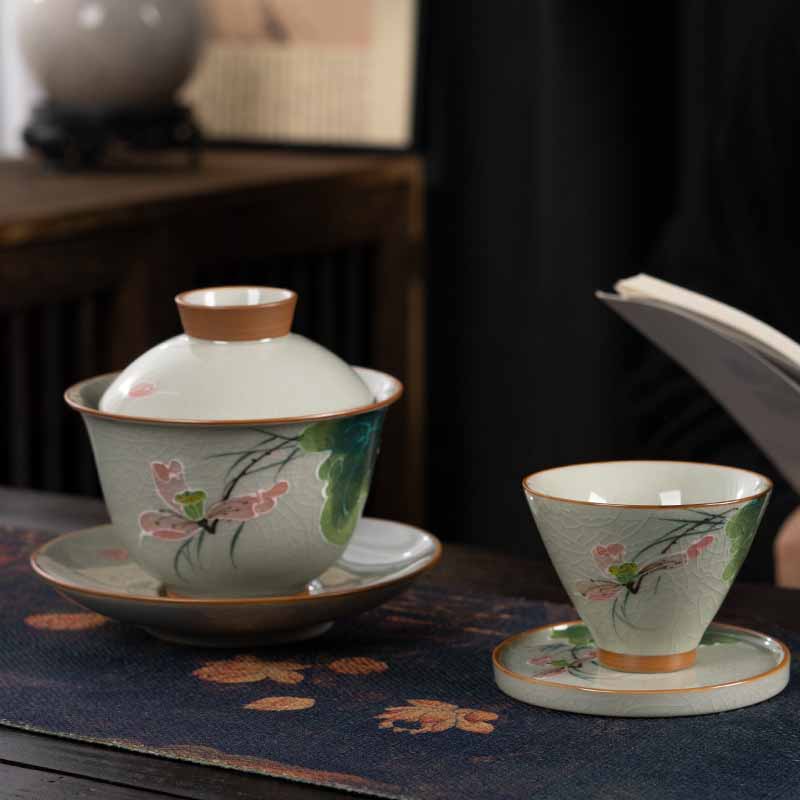 Buddha Stones Lotus Koi Fish Pod Leaf Ceramic Gaiwan Sancai Tazza da tè Kung Fu Tazza da tè e piattino con coperchio 140ml - Image 17