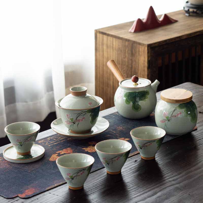 Buddha Stones Lotus Koi Fish Pod Leaf Ceramic Gaiwan Sancai Tazza da tè Kung Fu Tazza da tè e piattino con coperchio 140ml - Image 22
