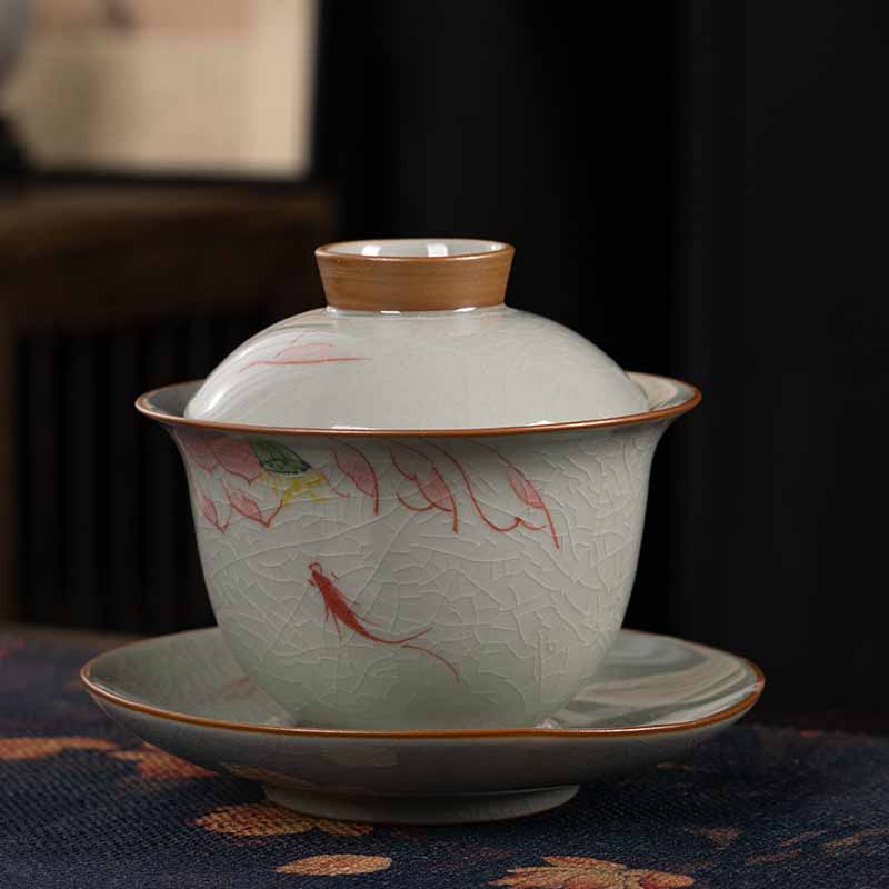 Buddha Stones Lotus Koi Fish Pod Leaf Ceramic Gaiwan Sancai Tazza da tè Kung Fu Tazza da tè e piattino con coperchio 140ml - Image 3