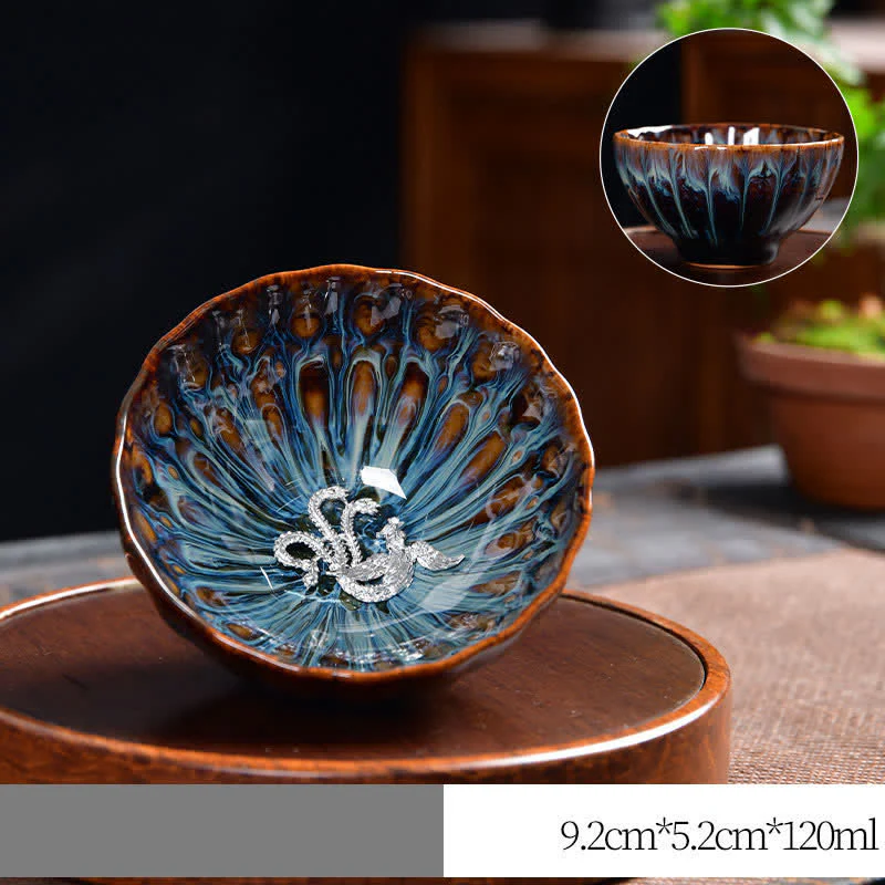 Buddha Stones Lotus Pavone Drago Fenice Koi Pesce Tazza da tè in ceramica Tazze da tè intarsiate 120ml - Image 22