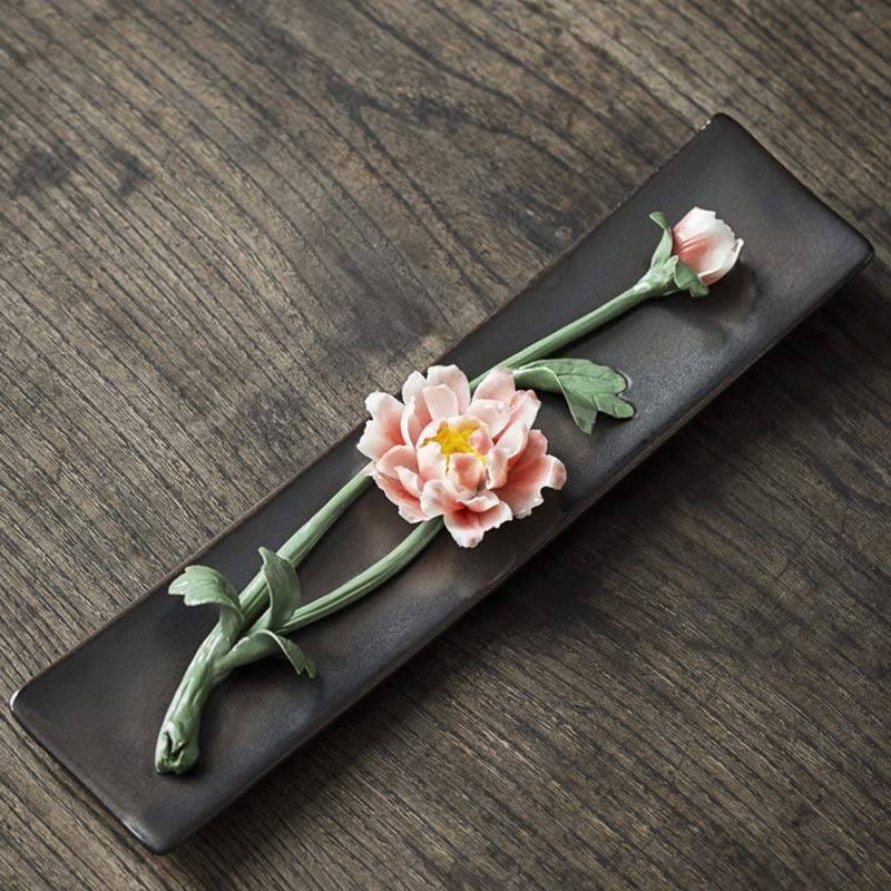 Buddha Stones Lotus Peonia Rosa Fiore Ceramica Bruciatore di Incenso Spirituale - Image 2