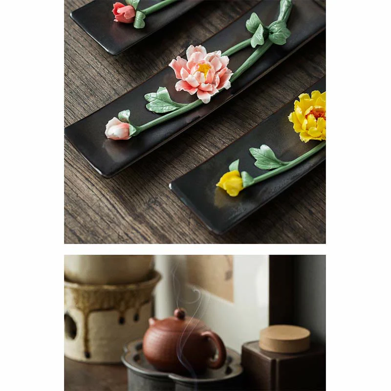 Buddha Stones Lotus Peonia Rosa Fiore Ceramica Bruciatore di Incenso Spirituale - Image 20