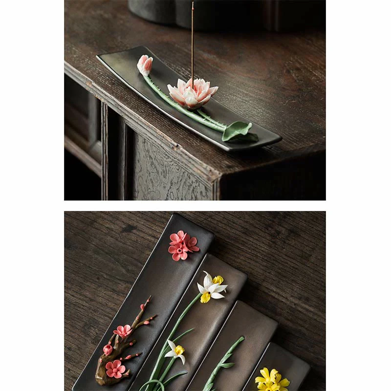 Buddha Stones Lotus Peonia Rosa Fiore Ceramica Bruciatore di Incenso Spirituale - Image 21