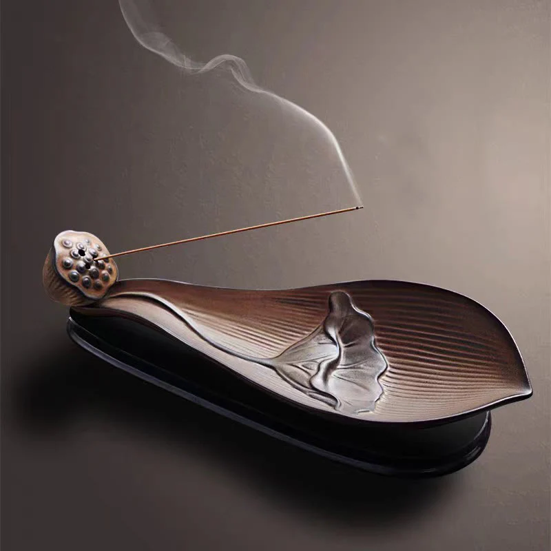 Buddha Stones Lotus Pod Zen Guarigione Marrone Ceramica Bastoncino Bruciatore Incenso Decorazione