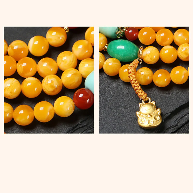 Buddha Stones Mala di ambra con 108 perle, fibbia della pace, gatto fortunato, fortuna di buon auspicio - Image 10
