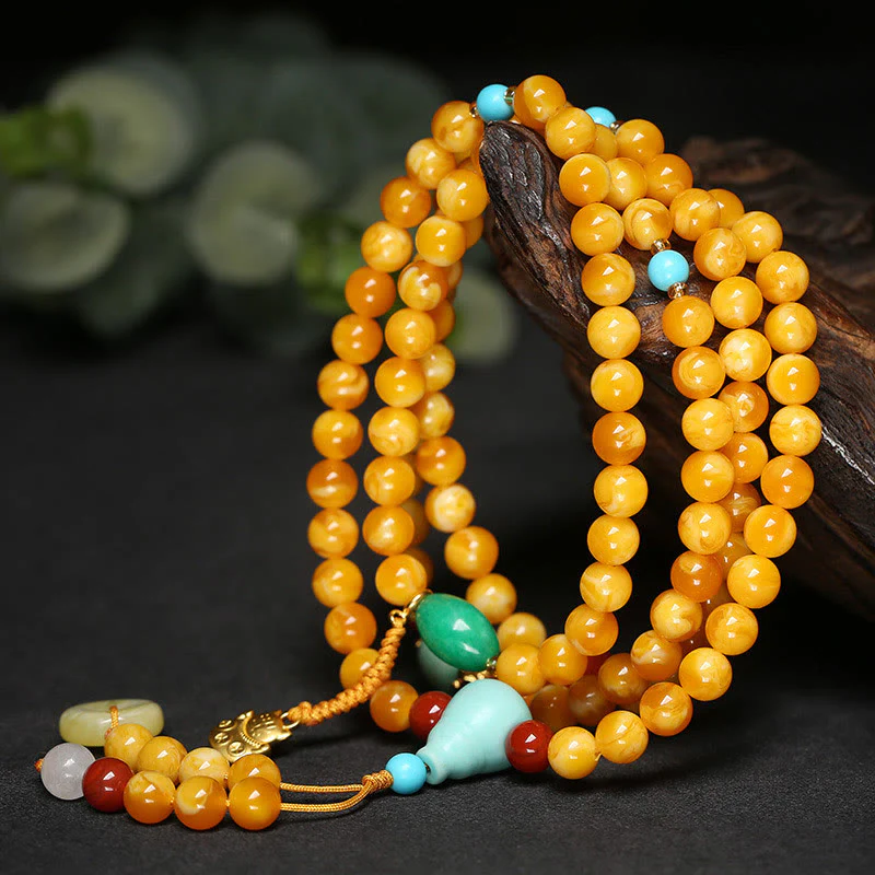 Buddha Stones Mala di ambra con 108 perle, fibbia della pace, gatto fortunato, fortuna di buon auspicio - Image 5