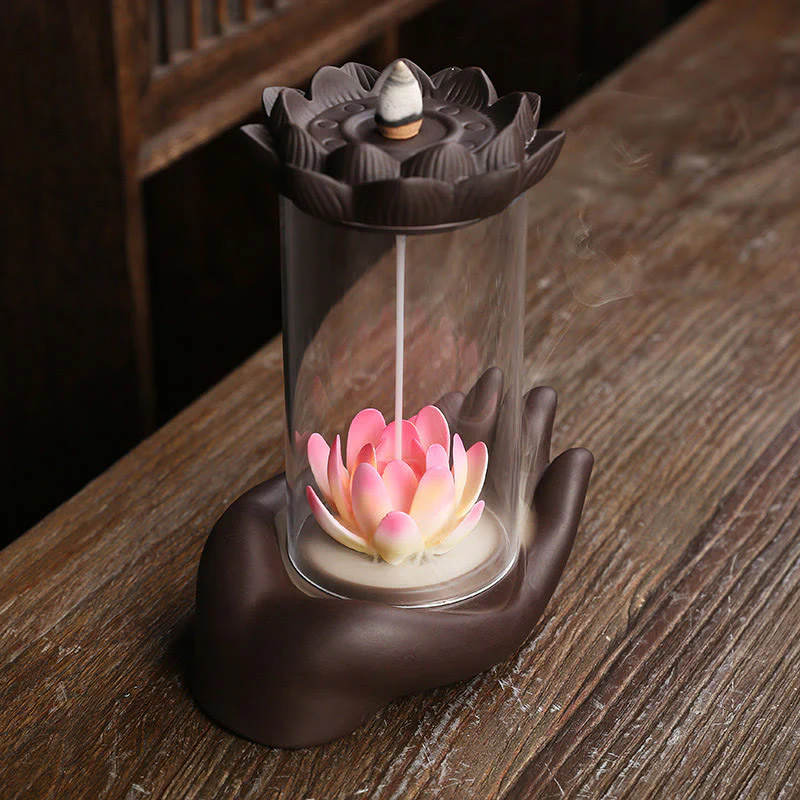 Buddha Stones Mano di Buddha Loto Illuminazione LED Luce Viola Argilla Ceramica Bruciatore di Incenso Decorazione - Image 2