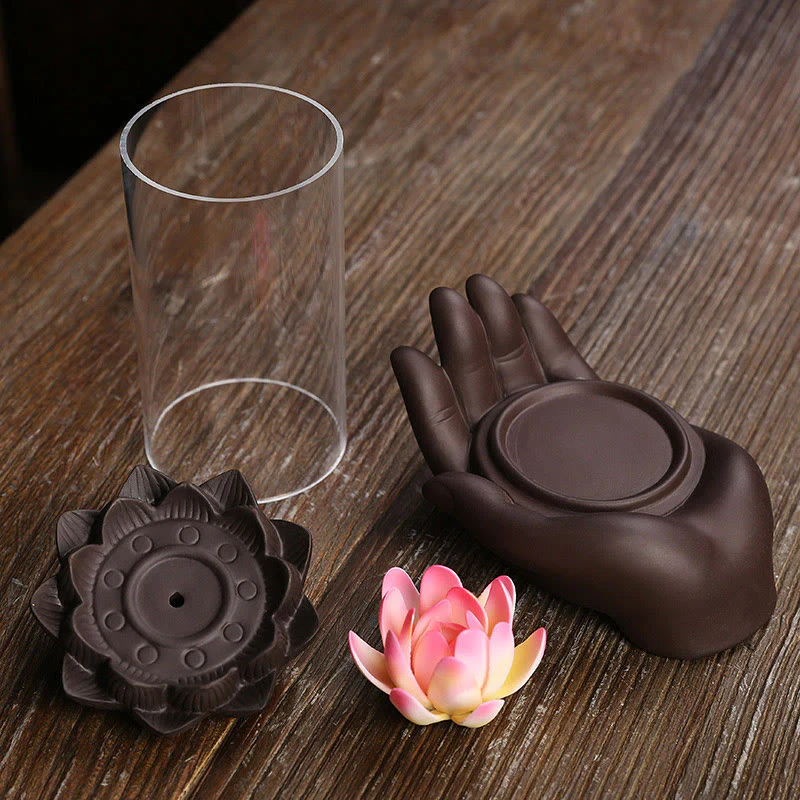Buddha Stones Mano di Buddha Loto Illuminazione LED Luce Viola Argilla Ceramica Bruciatore di Incenso Decorazione - Image 3