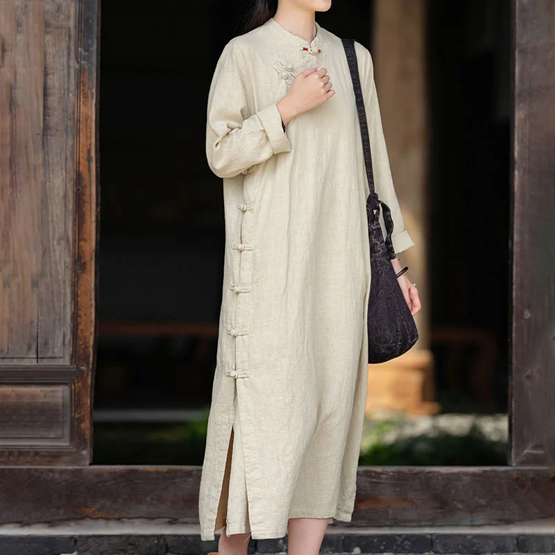 Buddha Stones midi in lino e cotone con maniche lunghe e tasche, motivo cinese a rana, motivo Buddha Stones Fall