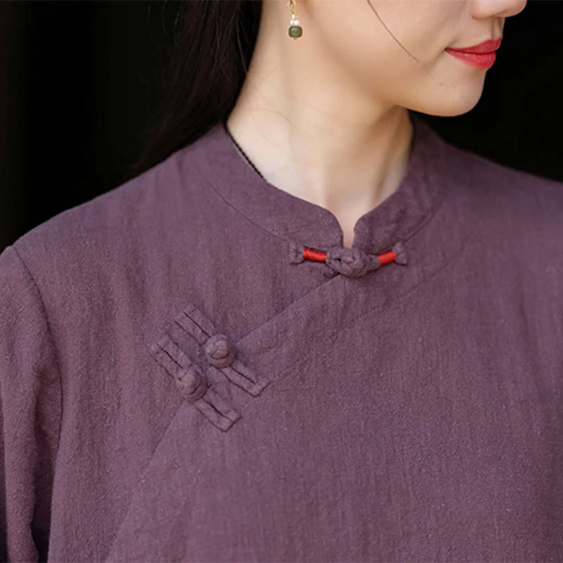 Buddha Stones midi in lino e cotone con maniche lunghe e tasche, motivo cinese a rana, motivo Buddha Stones Fall - Image 15