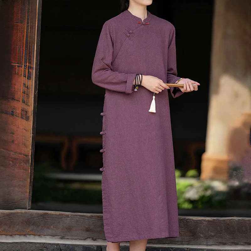 Buddha Stones midi in lino e cotone con maniche lunghe e tasche, motivo cinese a rana, motivo Buddha Stones Fall - Image 9