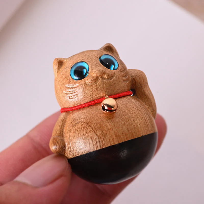 Buddha Stones Mini Gatto Fortunato Gattino Phoebe Zhennan Decorazione di Benedizione del Legno - Image 3