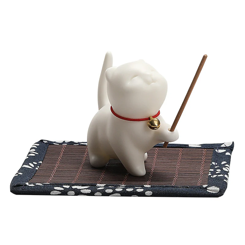 Buddha Stones Mini Lucky Cat Kitten Tea Pet Ceramica Casa Scrivania Figurina Decorazione Con Tappetino Di Bambù - Image 11