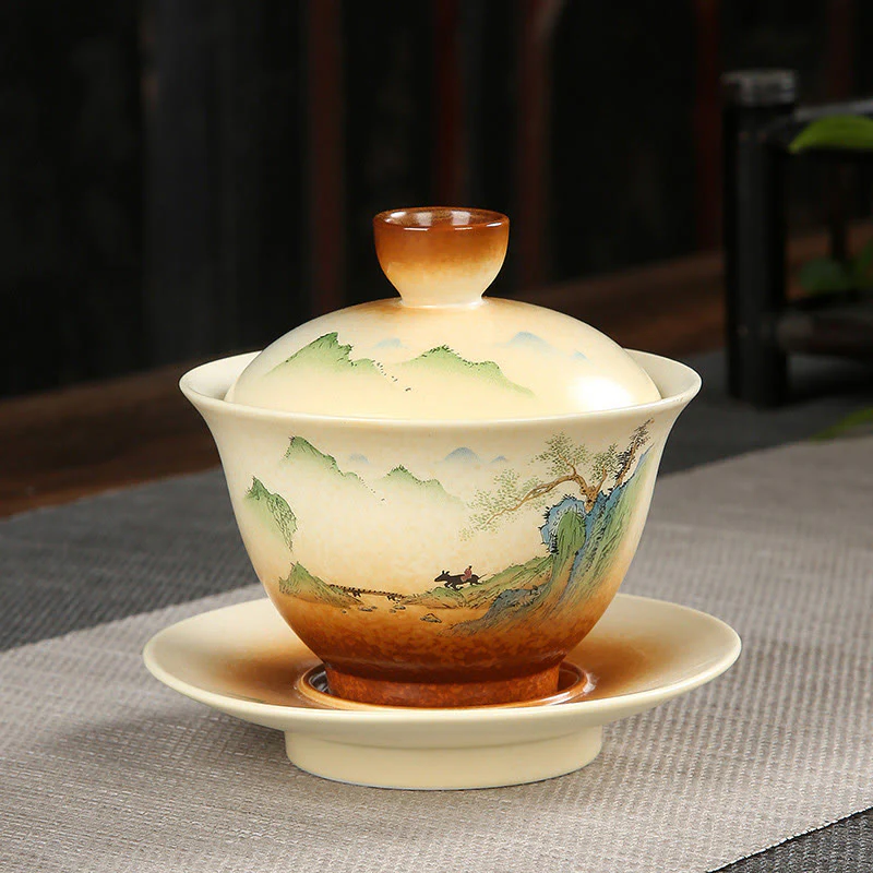 Buddha Stones Montagna Paesaggio Campagna Ceramica Gaiwan Sancai Tazza da tè Kung Fu Tazza da tè e piattino con coperchio