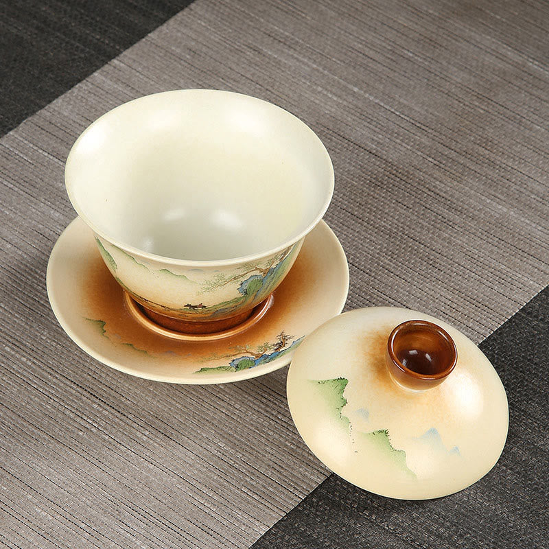 Buddha Stones Montagna Paesaggio Campagna Ceramica Gaiwan Sancai Tazza da tè Kung Fu Tazza da tè e piattino con coperchio - Image 2