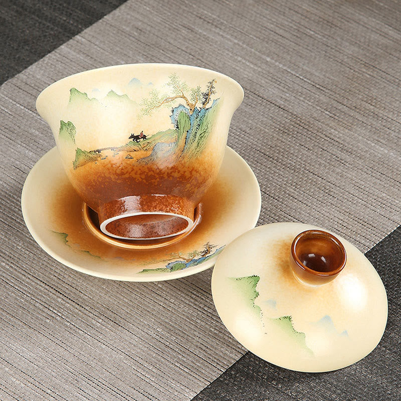 Buddha Stones Montagna Paesaggio Campagna Ceramica Gaiwan Sancai Tazza da tè Kung Fu Tazza da tè e piattino con coperchio - Image 3
