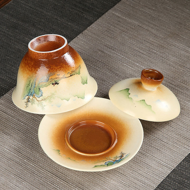 Buddha Stones Montagna Paesaggio Campagna Ceramica Gaiwan Sancai Tazza da tè Kung Fu Tazza da tè e piattino con coperchio - Image 4