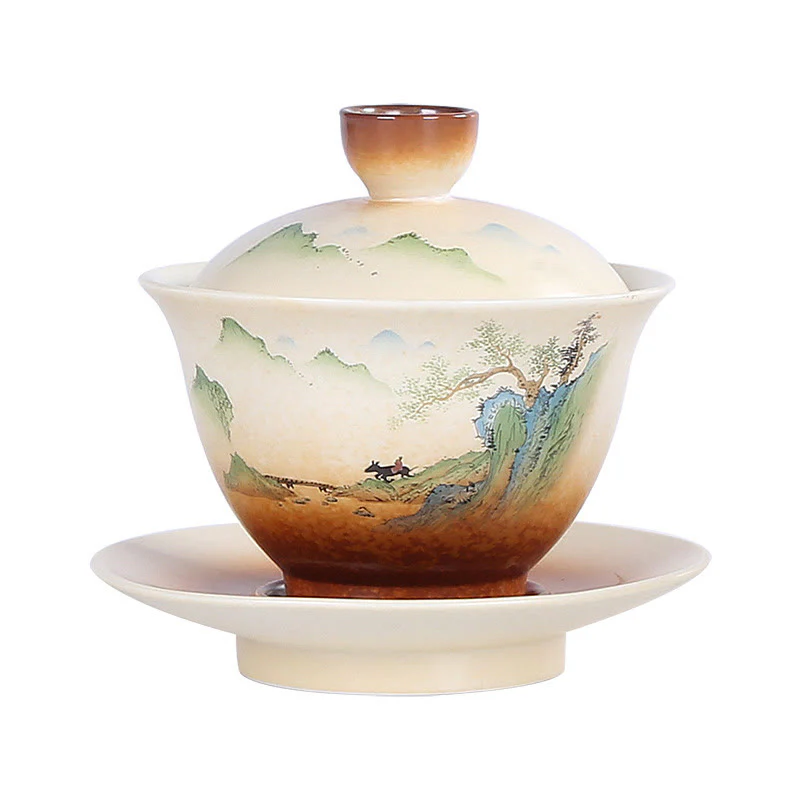 Buddha Stones Montagna Paesaggio Campagna Ceramica Gaiwan Sancai Tazza da tè Kung Fu Tazza da tè e piattino con coperchio - Image 5