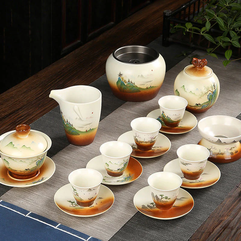 Buddha Stones Montagna Paesaggio Campagna Ceramica Gaiwan Sancai Tazza da tè Kung Fu Tazza da tè e piattino con coperchio - Image 8