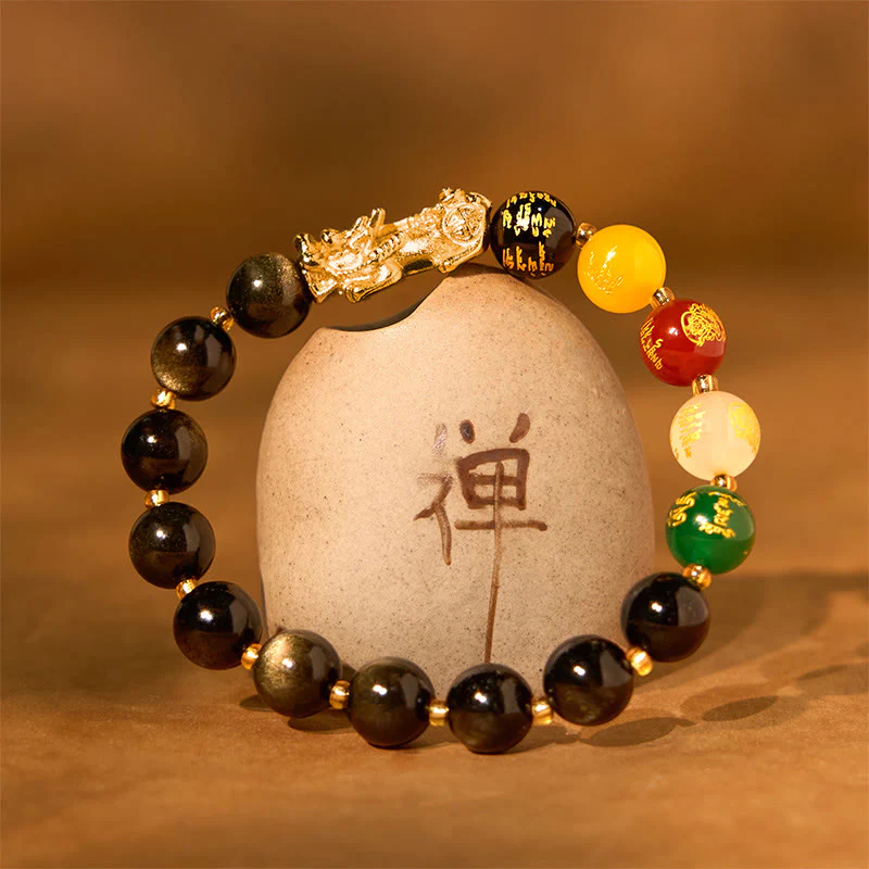 Buddha Stones Natural Gold Sheen Ossidiana PiXiu Cinque Direzioni Braccialetto di Protezione degli Dei della Ricchezza - Image 2