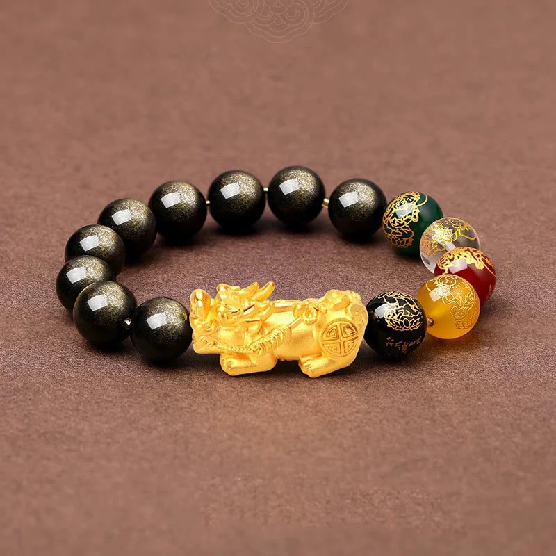Buddha Stones Natural Gold Sheen Ossidiana PiXiu Cinque Direzioni Braccialetto di Protezione degli Dei della Ricchezza - Image 7