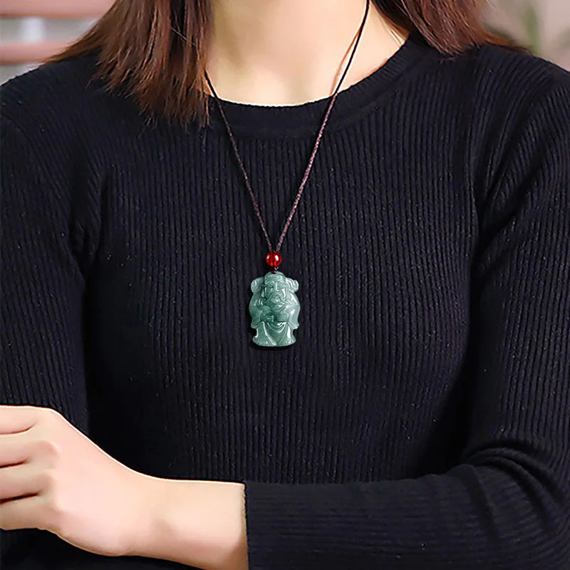 Buddha Stones Natural Green Jade Cinese Dio della Ricchezza Caishen Lingotto Abbondanza Collana Pendente - Image 9