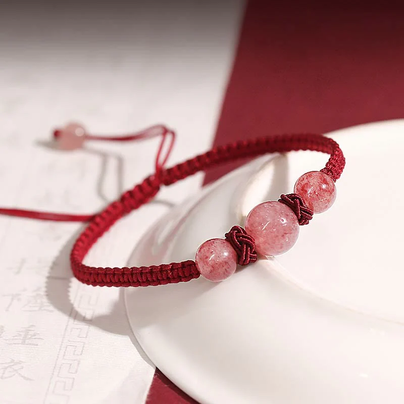 Buddha Stones Natural Strawberry Quartz Crystal Love Braccialetto intrecciato con corda rossa alla caviglia - Image 3