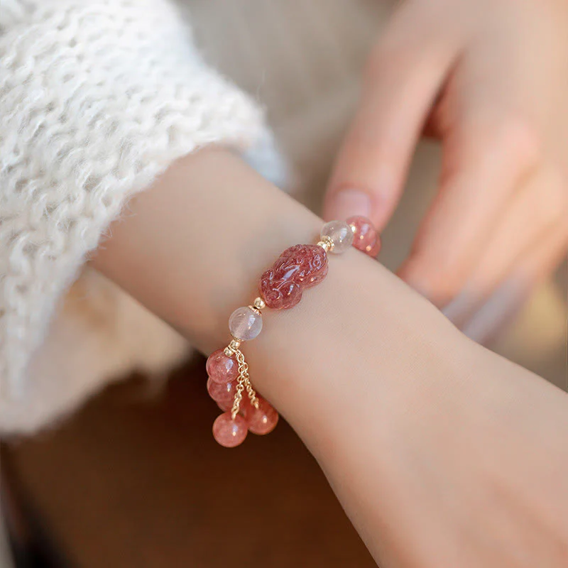 Buddha Stones Natural Strawberry Quartz Moonstone Braccialetto di guarigione dell'amore PiXiu - Image 2