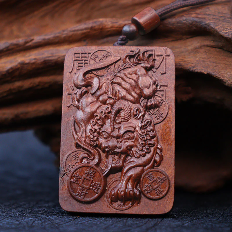 Buddha Stones Naturale Fulmine Colpito Giuggiola Legno PiXiu Moneta di Rame Collana Pendente Portafortuna