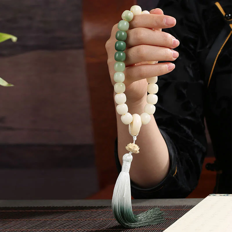 Buddha Stones Naturale Gradiente Bodhi Seed Fortuna Sacchetto di Denaro Loto Saggezza Nappa Polso Mala - Image 13