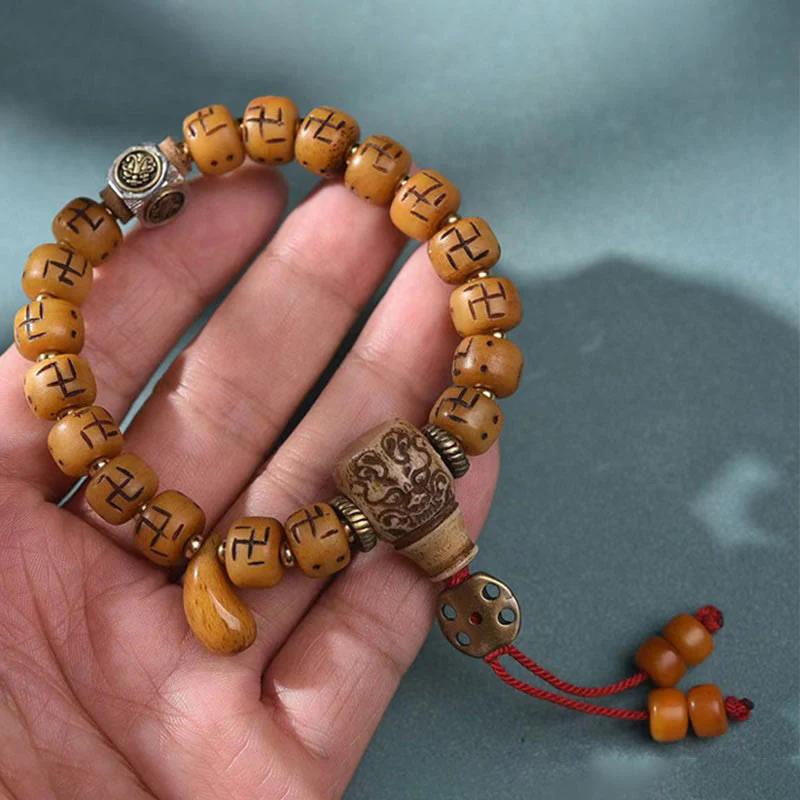 Buddha Stones naturale tibetano osso di cammello svastica Dzi perlina Shankha Buddha fascino Kirtimukha braccialetto con nappa protezione fortuna - Image 15