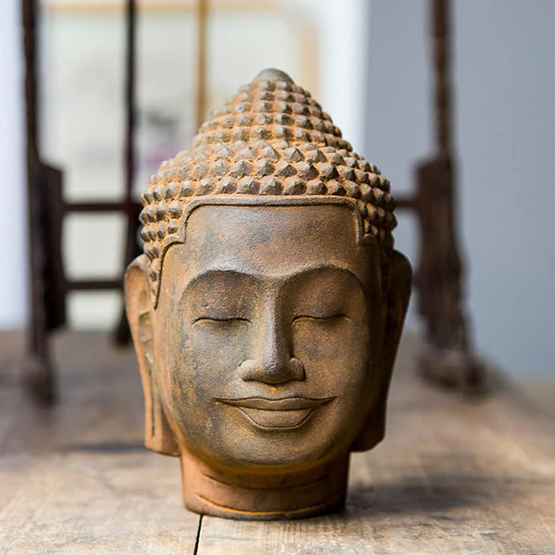 Buddha Stones Occhi Chiusi Contemplazione Meditazione Testa del Buddha Polvere di Ferro Ruggine Statua in Resina Decorazione per la Casa