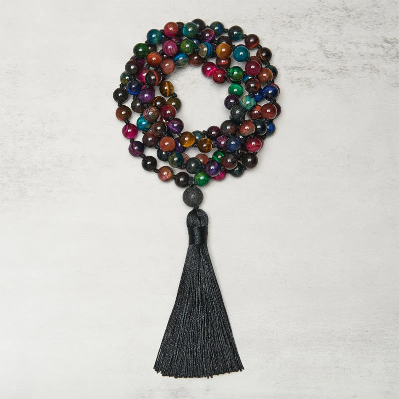 Buddha Stones Occhio di tigre giallo multicolore Occhio di tigre verde Occhio di tigre blu Occhio di tigre rosso Nappa di perline Mala della forza