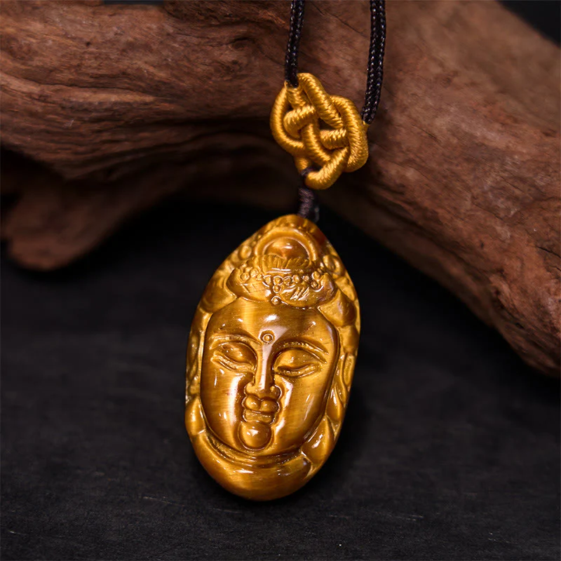Buddha Stones Occhio di Tigre Kwan Yin Avalokitesvara Testa Corda Forza Collana Pendente - Image 4