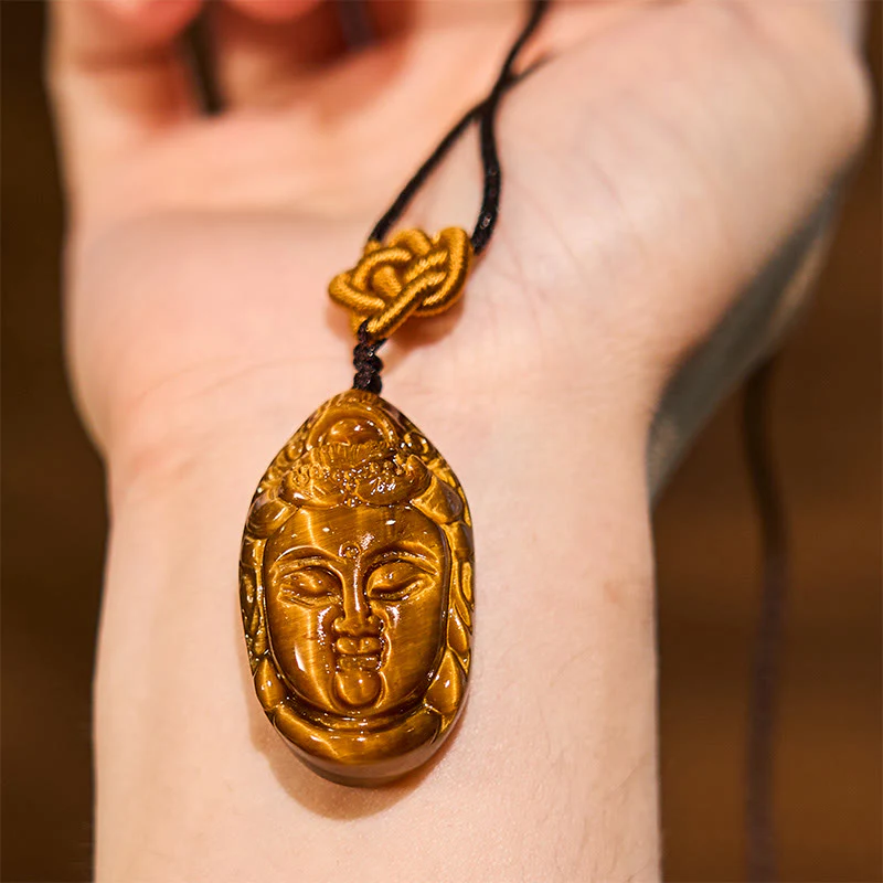 Buddha Stones Occhio di Tigre Kwan Yin Avalokitesvara Testa Corda Forza Collana Pendente - Image 5