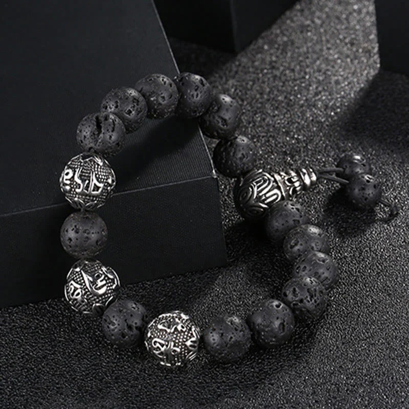 Buddha Stones Occhio di Tigre Naturale Roccia Lavica Ossidiana Nera Acciaio al Titanio Braccialetto di Protezione Om Mani Padme Hum delle Sei Vere Parole - Image 9