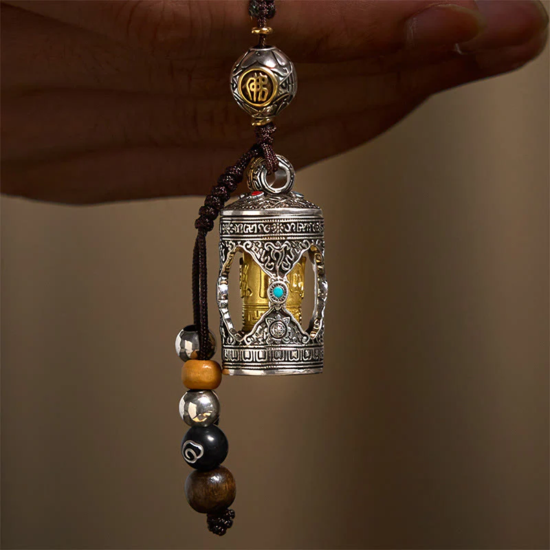 Buddha Stones Om Mani Padme Hum Ghau Scatola di preghiera Portachiavi in argento placcato in rame con portafortuna