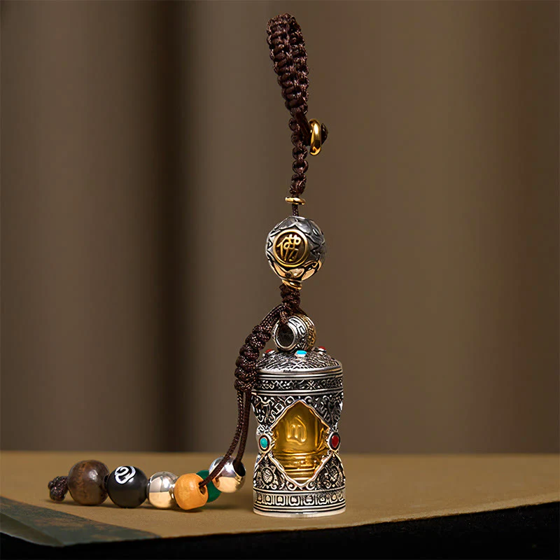 Buddha Stones Om Mani Padme Hum Ghau Scatola di preghiera Portachiavi in argento placcato in rame con portafortuna - Image 2